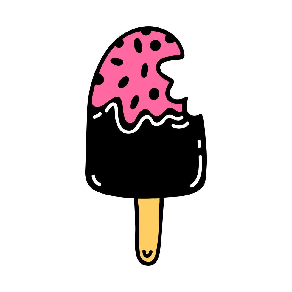 icono de vector de helado mordido. postre frío de fresa en glaseado de chocolate con espolvoreado. garabato simple dibujado a mano aislado en blanco. delicioso regalo de verano en un palo, paleta. Imágenes Prediseñadas planas de dibujos animados