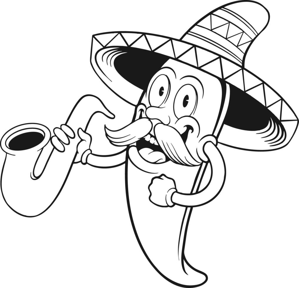 Mexican cinco de mayo chilli pepper playing trumpet mascot outline Vector illustrations for your work Logo, mascot merchandise t-shirt, stickers and Label designs, poster, greeting cards advertising