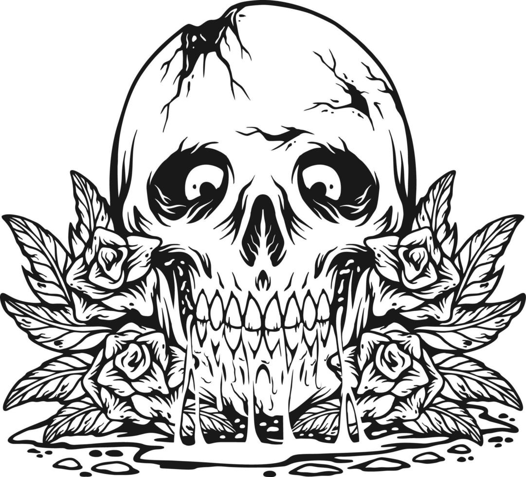 Scary floral rose skull head monochrome Vector illustrations for your work Logo, mascot merchandise t-shirt, stickers and Label designs, poster, greeting cards advertising business company or brands.