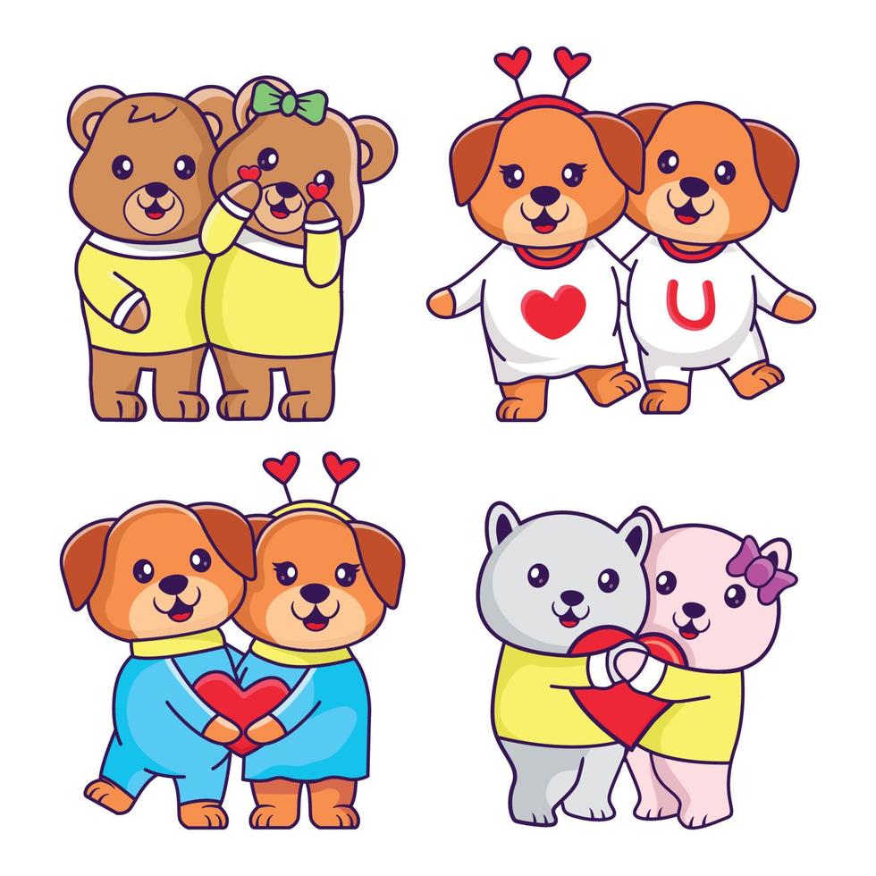 Cute of Animal Couple Valentine's Day. Couple Bear, Couple Cats and Couple Dogs vector