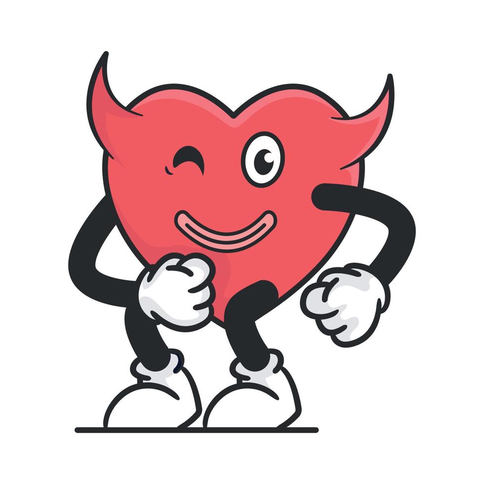 Cute heart retro mascot vector illustration with funny face. Vintage style cartoon character for valentines day cards and gifts.