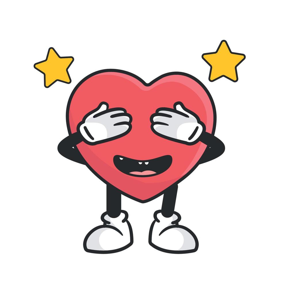 Cute heart retro mascot vector illustration with funny face. Vintage style cartoon character for valentines day cards and gifts.