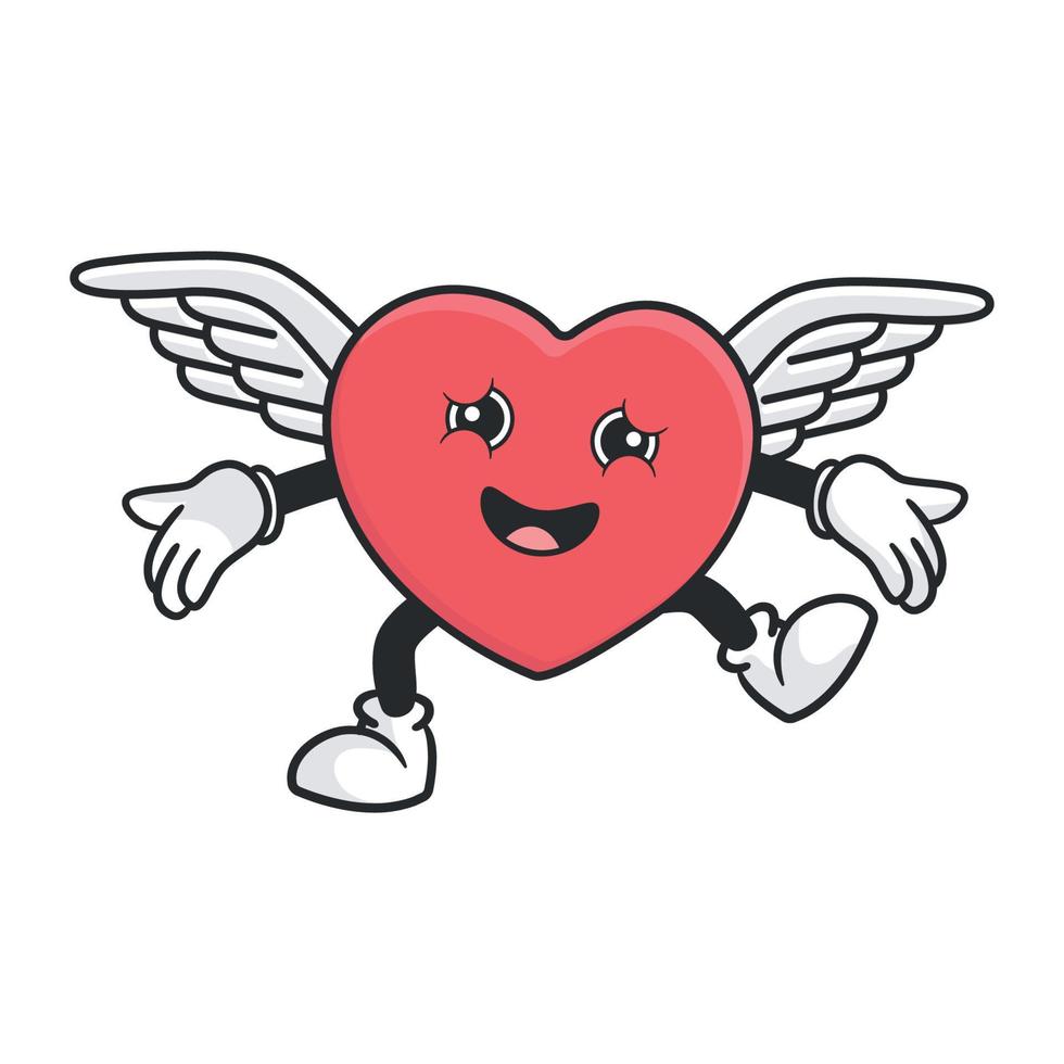 lindo corazón retro mascota vector ilustración con cara divertida. personaje de dibujos animados de estilo vintage para tarjetas y regalos de san valentín.