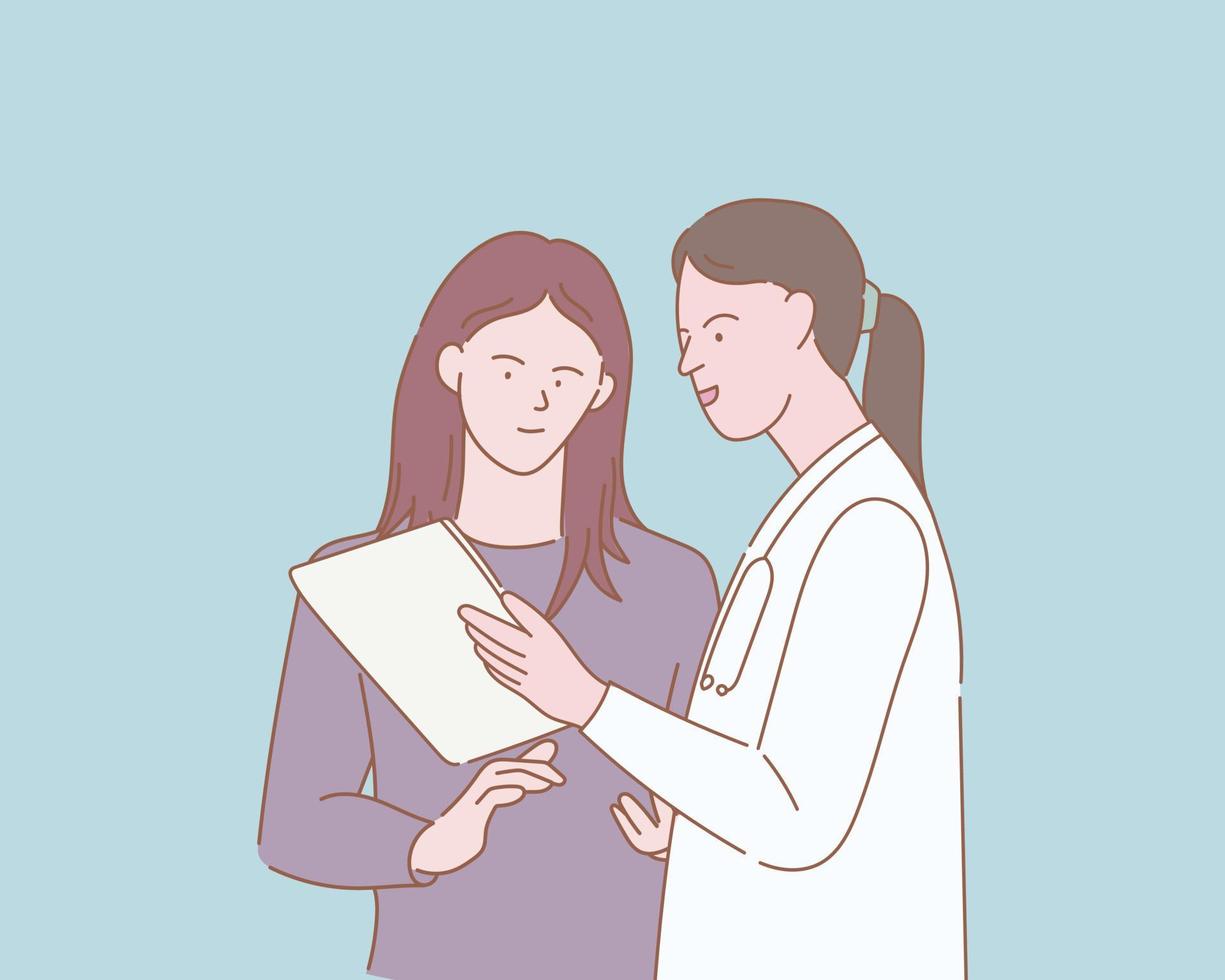 consulta médica con paciente mujer leer documento de informe médico con contorno o línea y estilo de personas limpias y sencillas vector