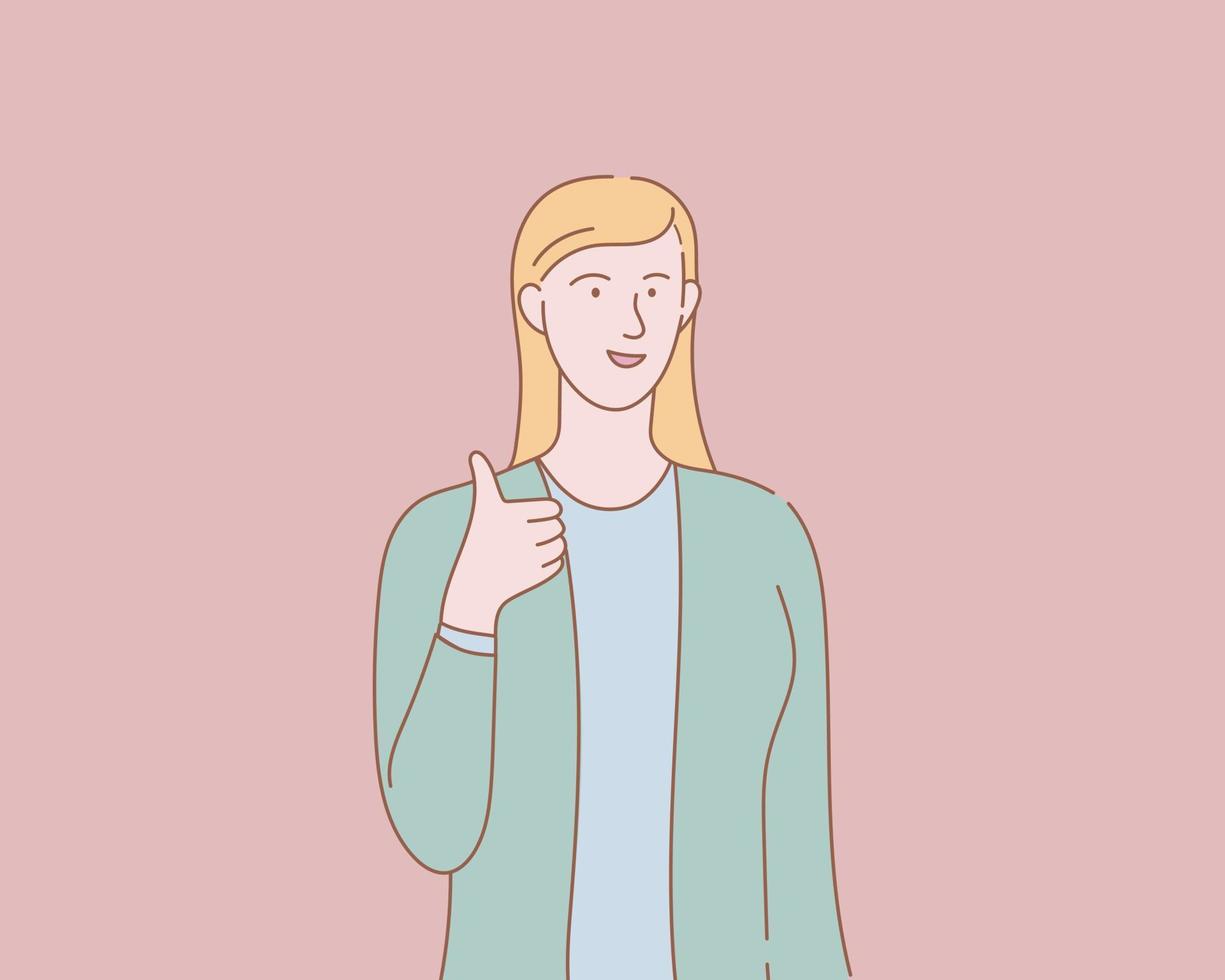 happy woman with ok thumb with outline or line and clean simple people style vector