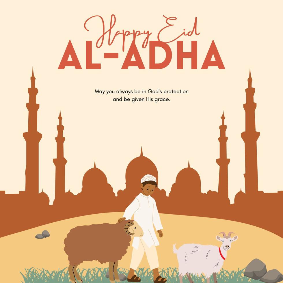 marrón eid al-adha. la decoración islámica eid al adha muestra un fondo marrón con ovejas de cabra. vector