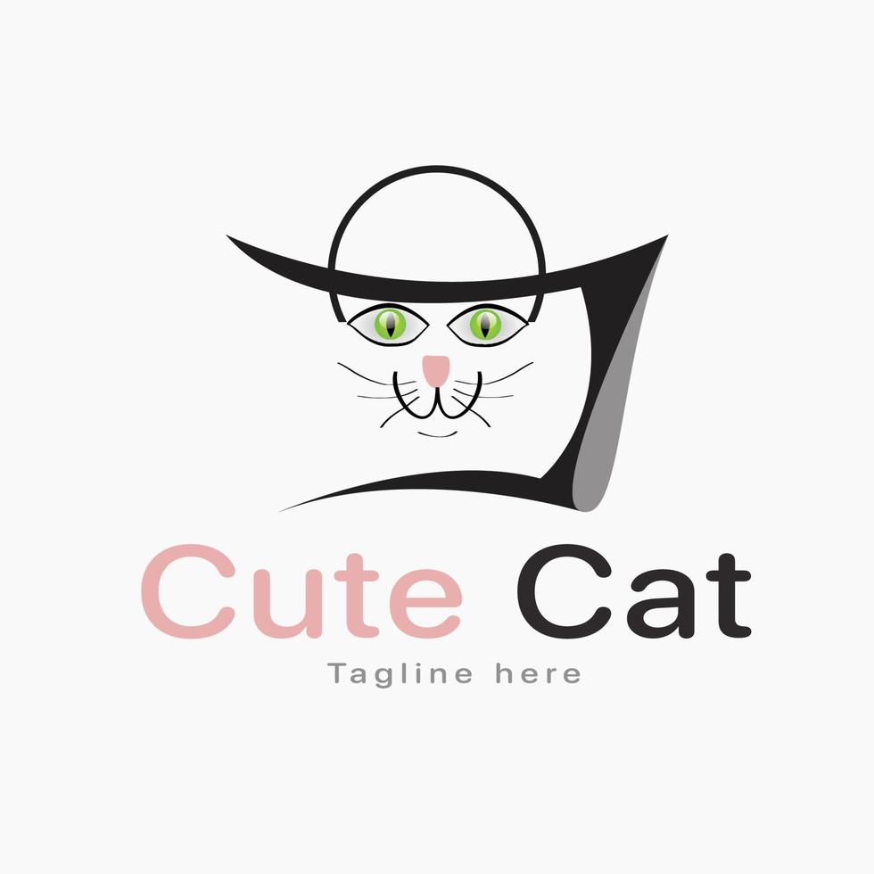 Vector Geek Cat Logo Design Template, Cute white cat Cartoon.