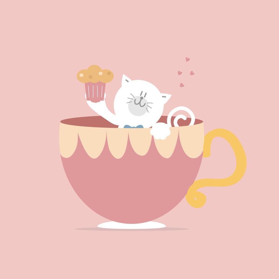 cute and lovely hand drawn cat with cupcake, happy valentine's day, birthday, love concept, flat vector illustration cartoon character design isolated