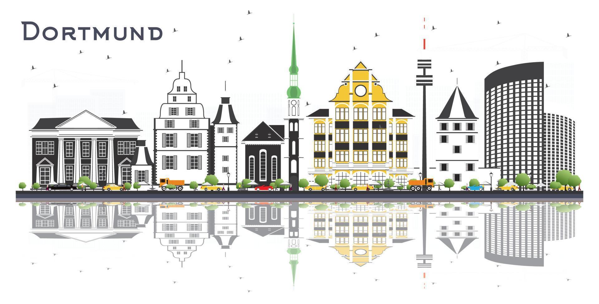 horizonte de la ciudad de dortmund alemania con edificios de color y reflejos aislados en blanco. vector