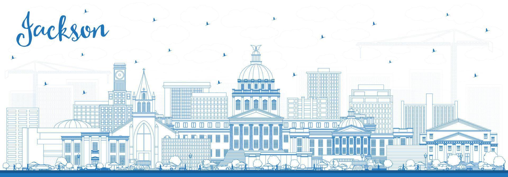 Outline Jackson Mississippi City Skyline with Blue Buildings. vector