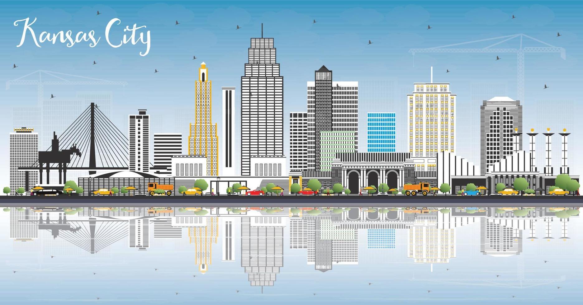 Kansas City Missouri Skyline with Color Buildings, Blue Sky and Reflections. vector
