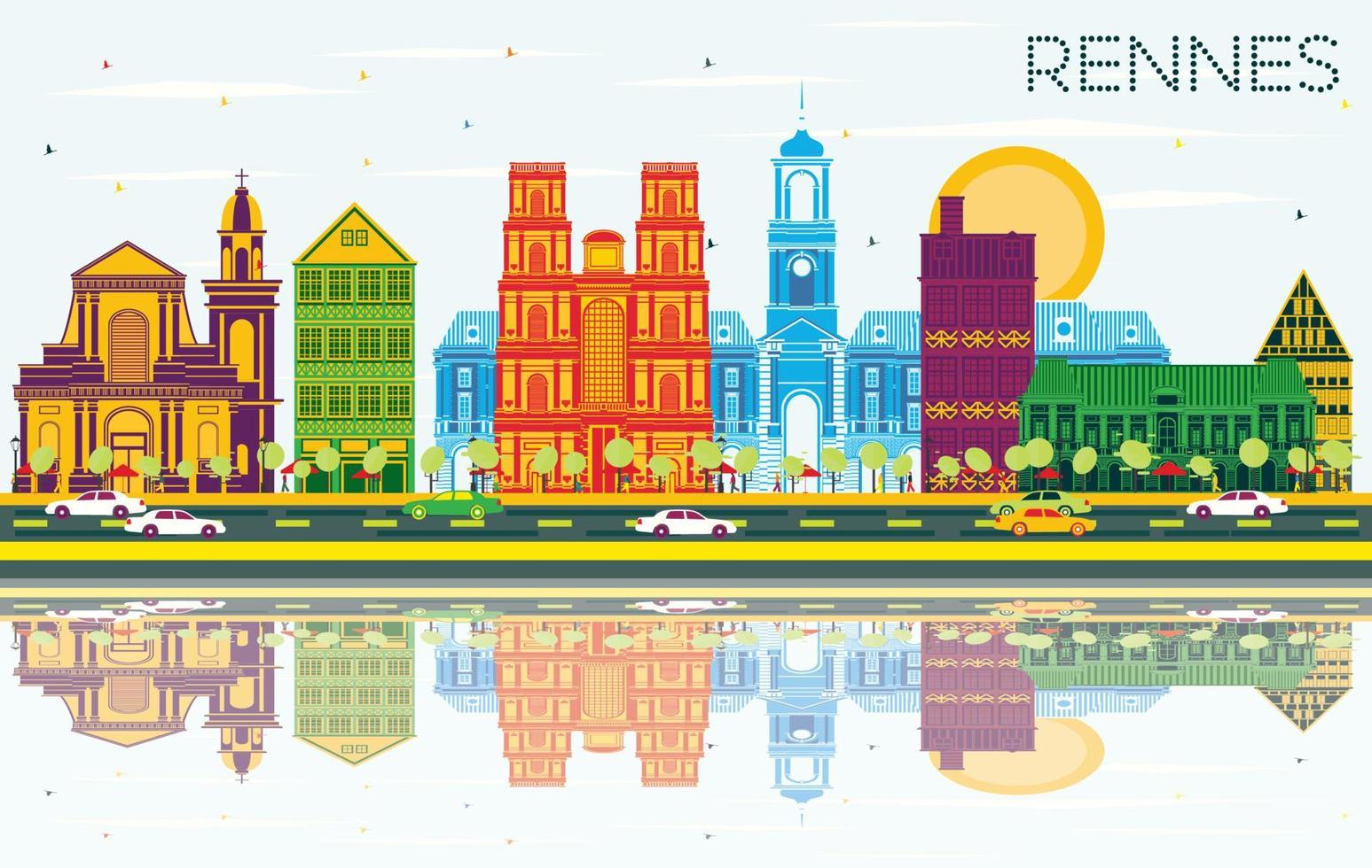 Rennes France City Skyline with Color Buildings, Blue Sky and Reflections. vector