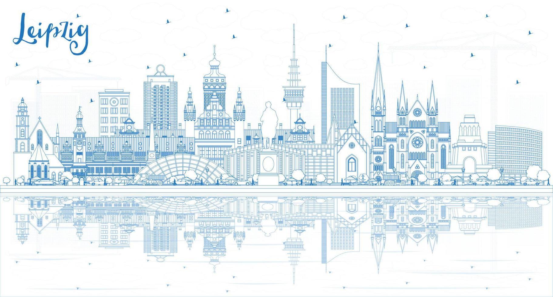 Outline Leipzig Germany City Skyline with Blue Buildings and Reflections. vector