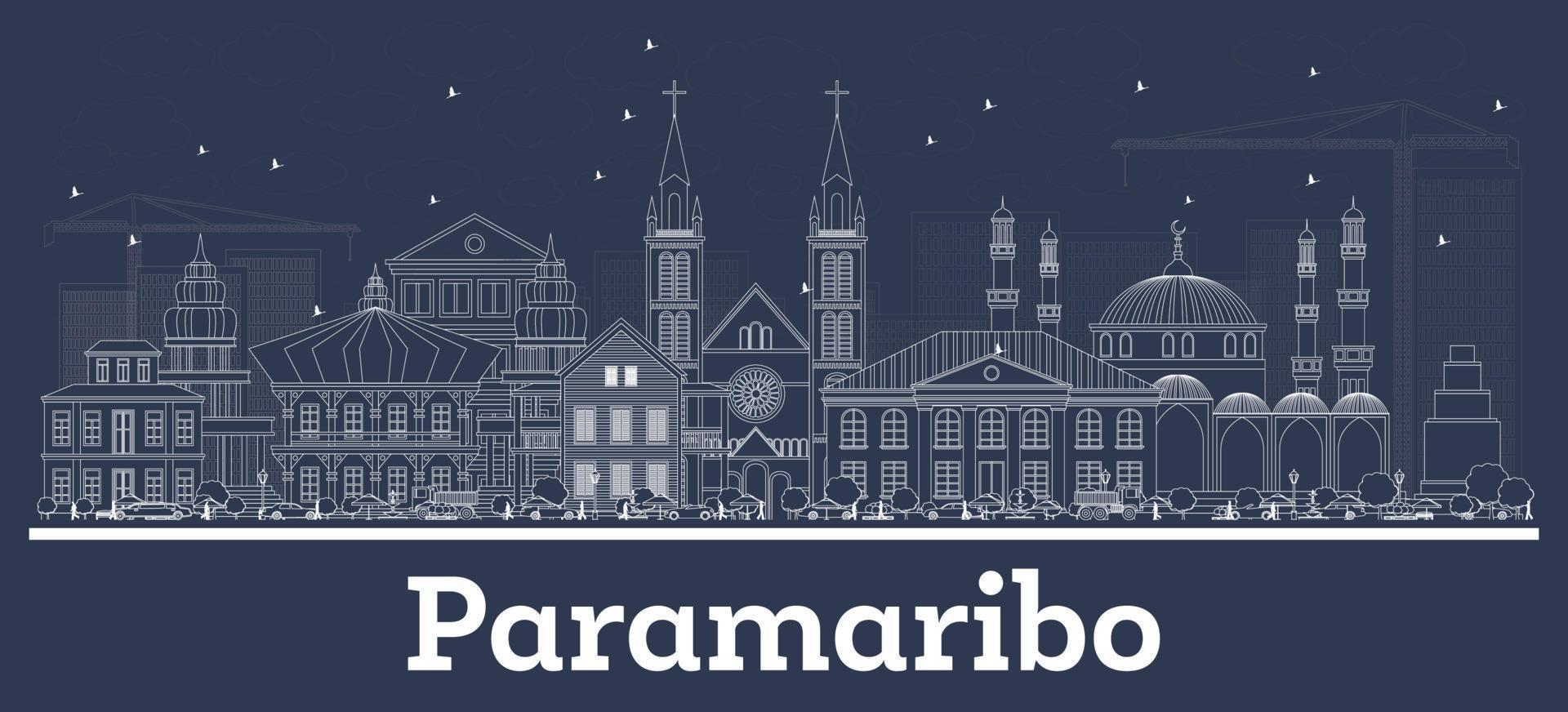 Outline Paramaribo Suriname City Skyline with White Buildings. vector