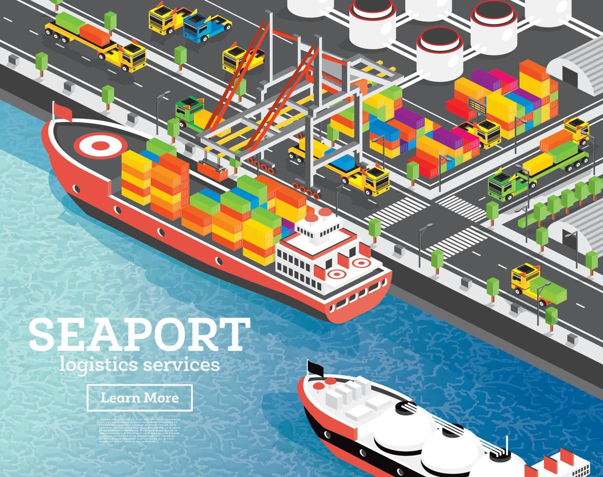 Isometric Sea Port with Container Ship. Gantry Crane Loads Cargo on Ship. Port Infrastructure. vector