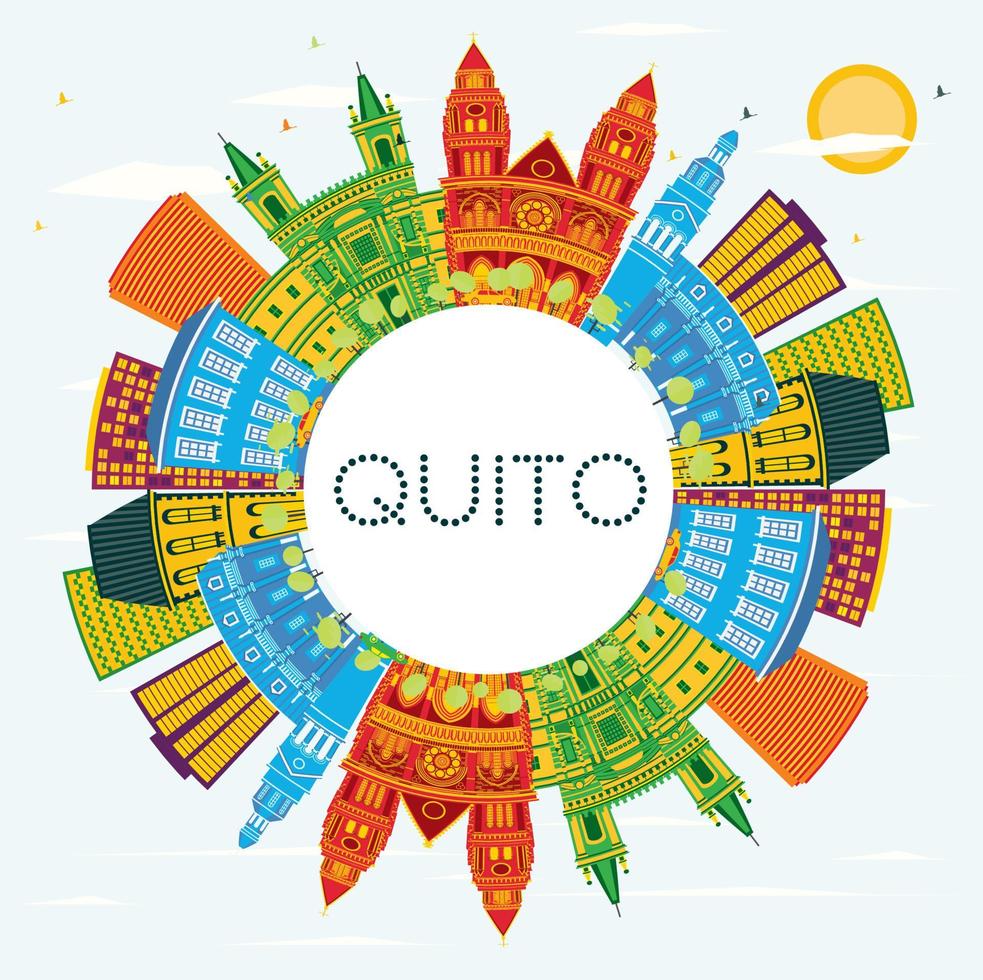 horizonte de la ciudad de quito ecuador con edificios de color, cielo azul y espacio de copia. vector