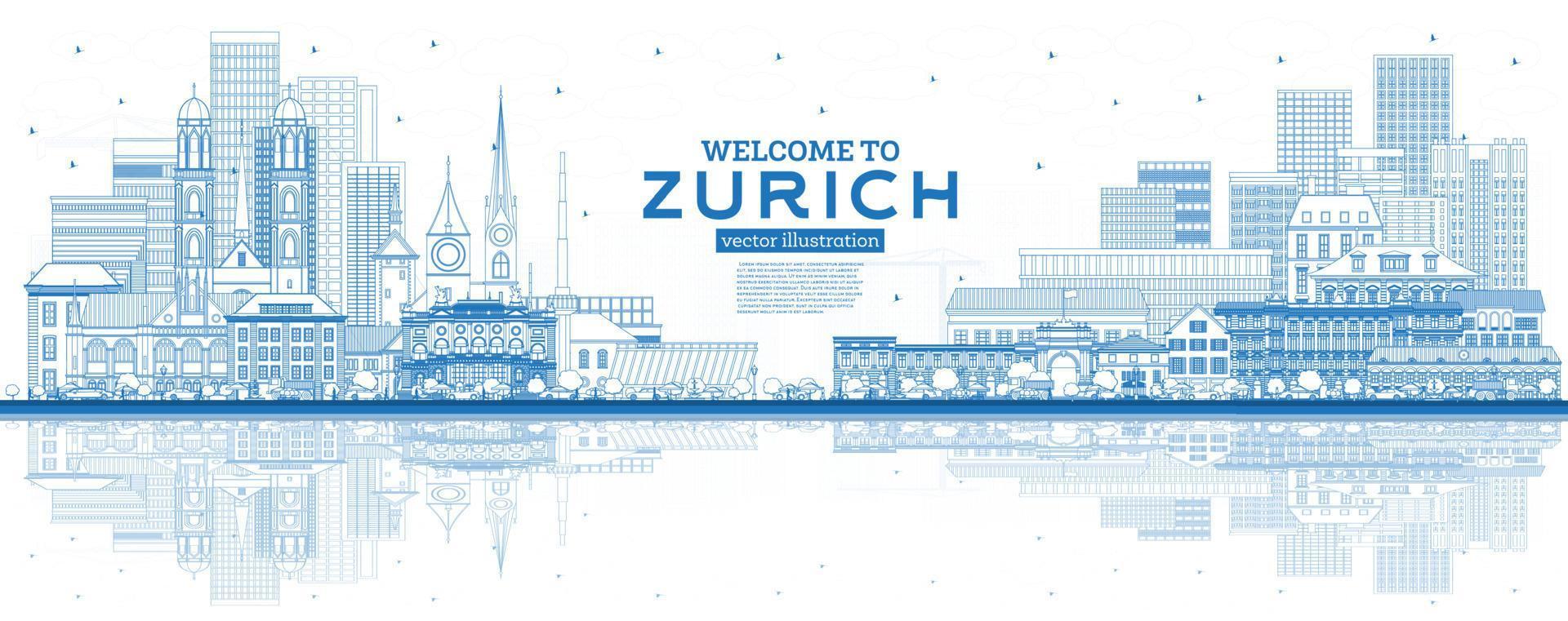 Outline Welcome to Zurich Switzerland Skyline with Blue Buildings and Reflections. vector