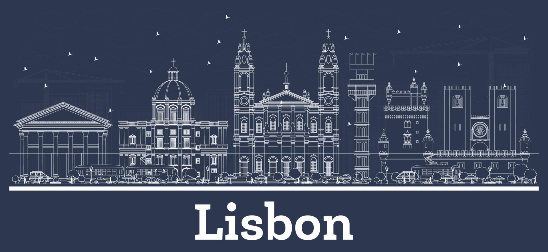 Outline Lisbon Portugal City Skyline with White Buildings. vector