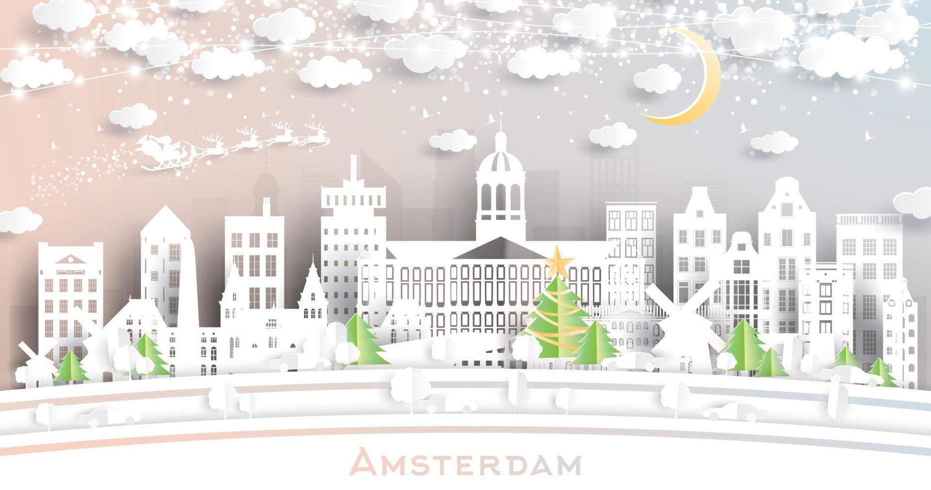Amsterdam Holland City Skyline in Paper Cut Style with Snowflakes, Moon and Neon Garland. vector