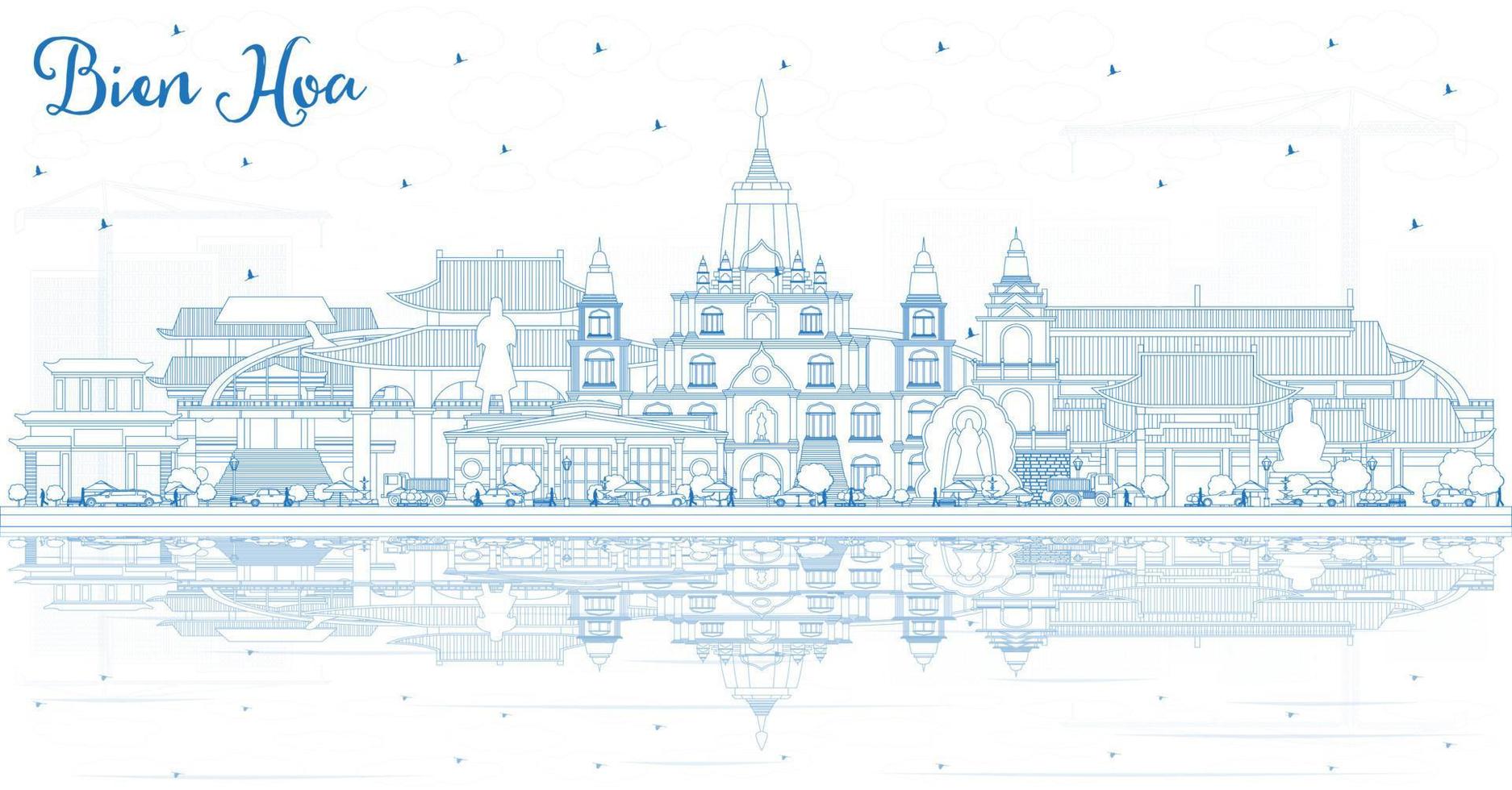 Outline Bien Hoa Vietnam City Skyline with Blue Buildings and Reflections. vector