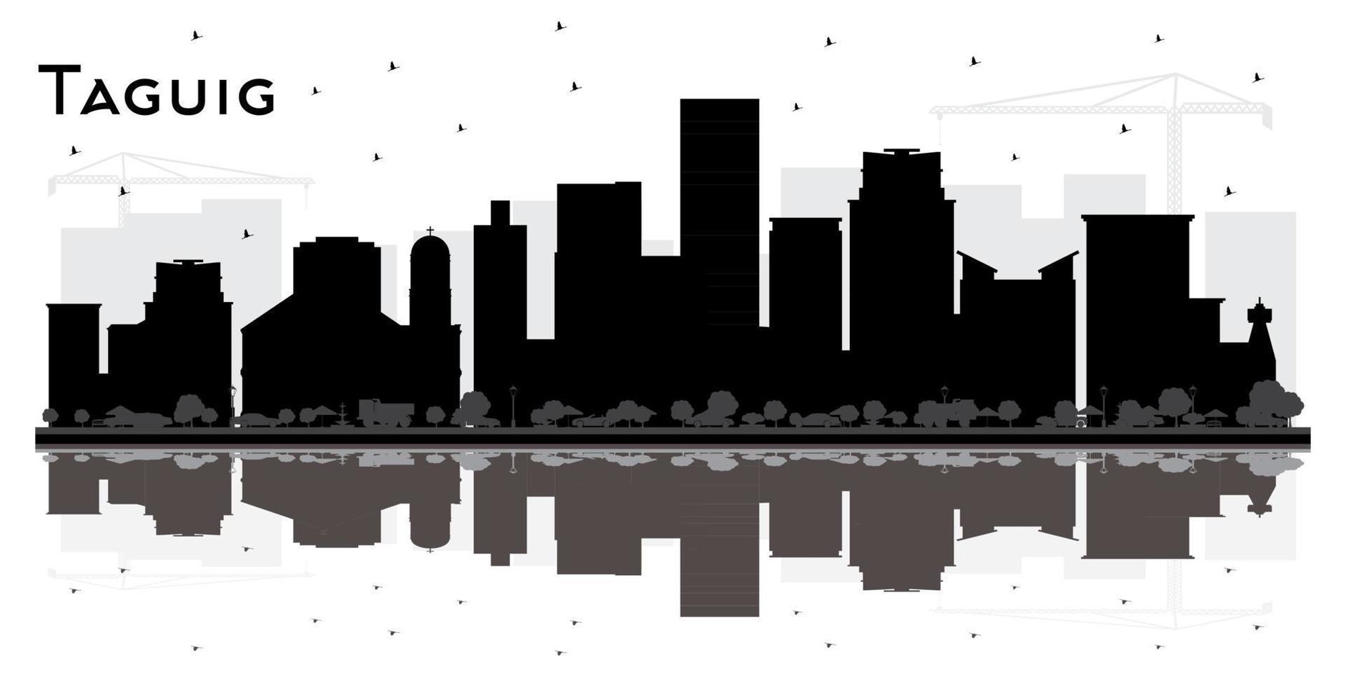 Taguig Philippines City Skyline Black and White Silhouette with Reflections. vector