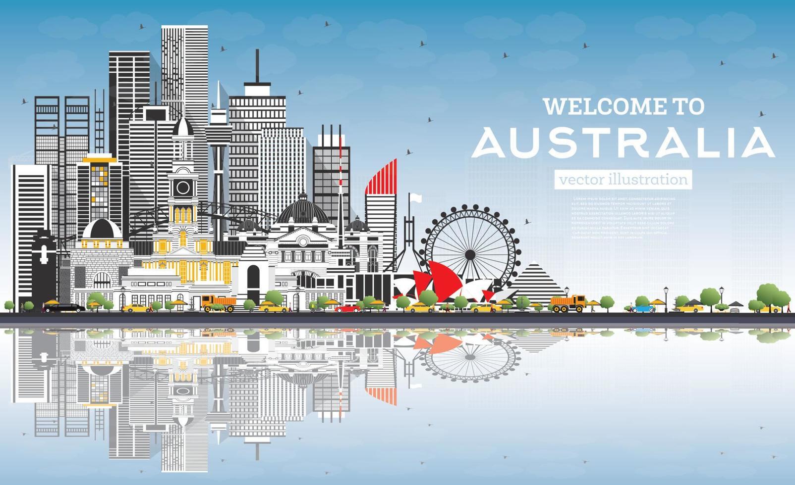 Welcome to Australia Skyline with Gray Buildings, Blue Sky and Reflections. vector