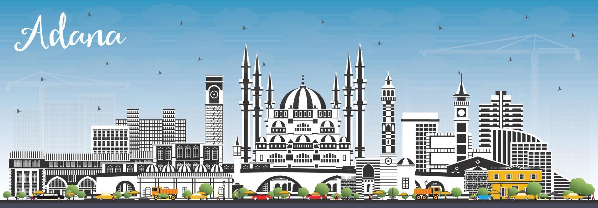 Adana Turkey City Skyline with Color Buildings and Blue Sky. vector