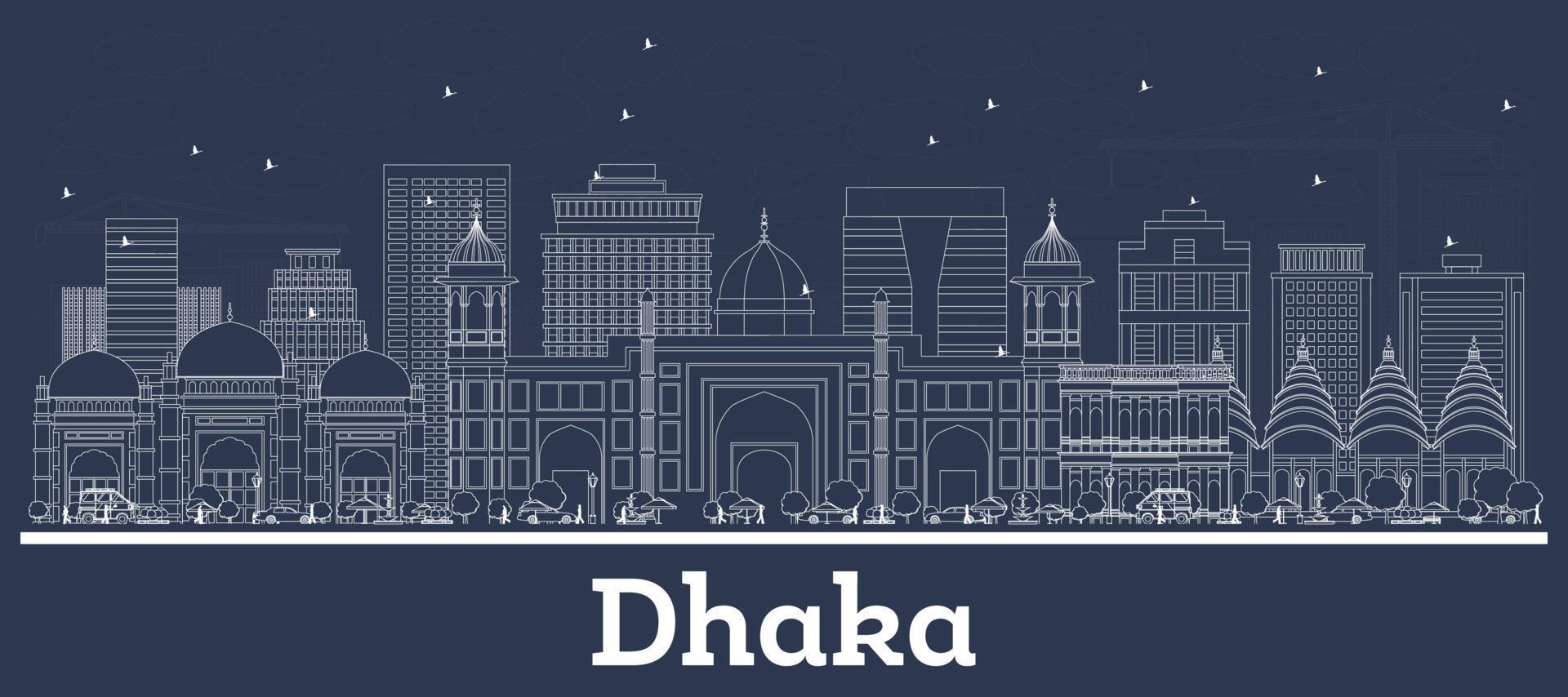 Outline Dhaka Bangladesh City Skyline with White Buildings. vector