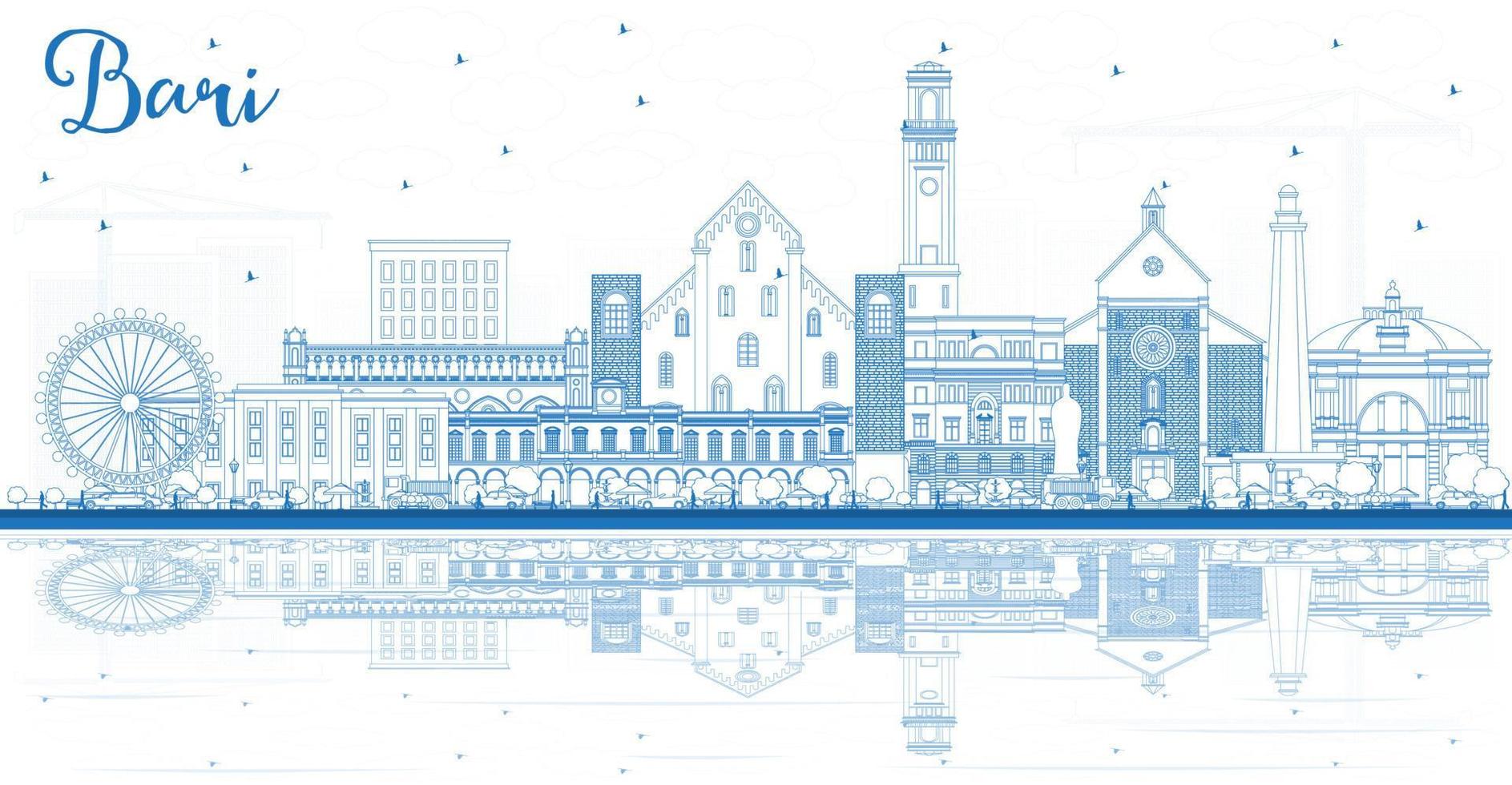 Outline Bari Italy City Skyline with Blue Buildings and Reflections. vector