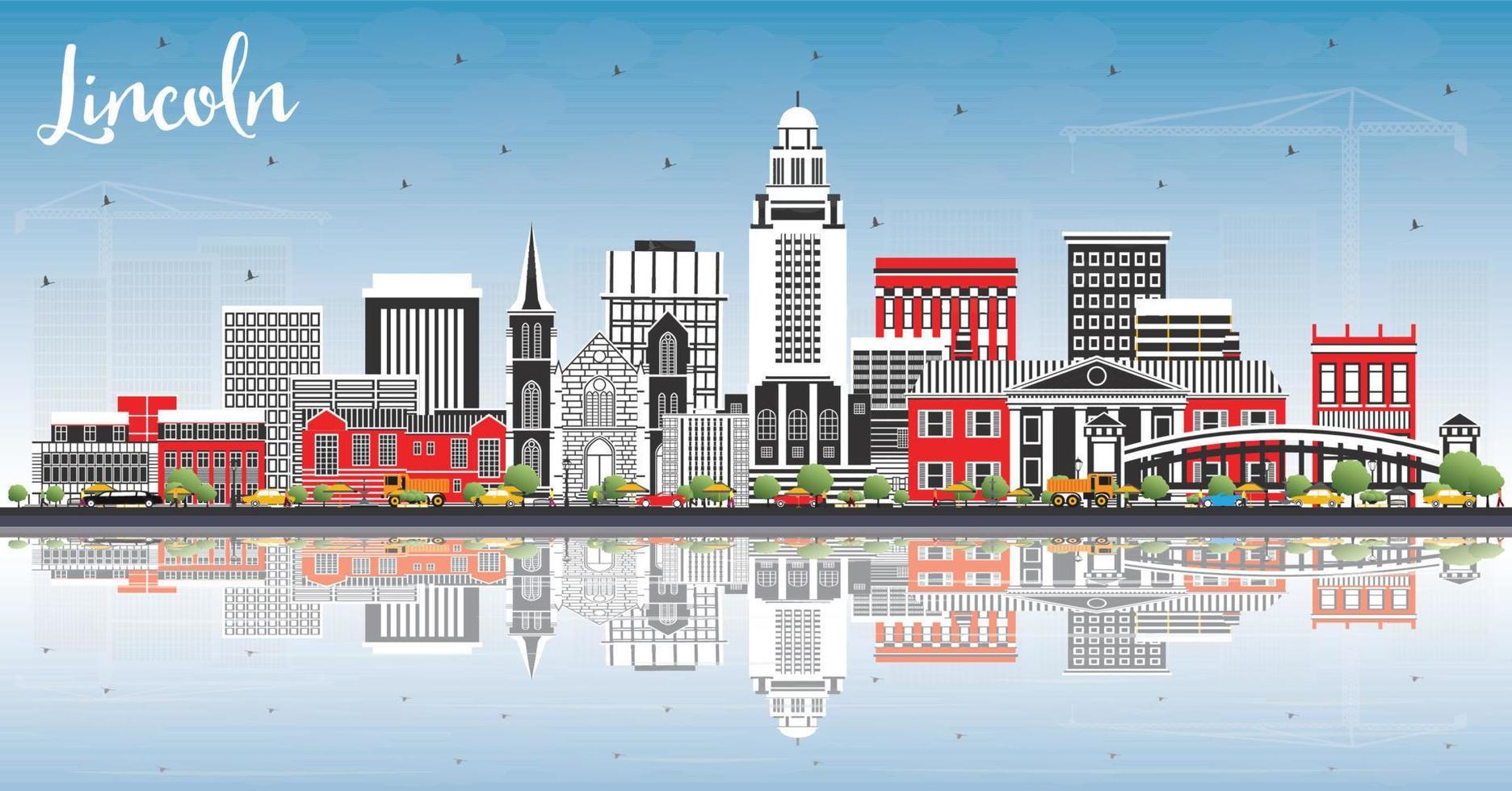 Lincoln Nebraska City Skyline with Color Buildings, Blue Sky and Reflections. vector