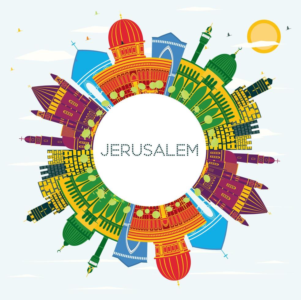 Jerusalem Israel Skyline with Color Buildings, Blue Sky and Copy Space. vector