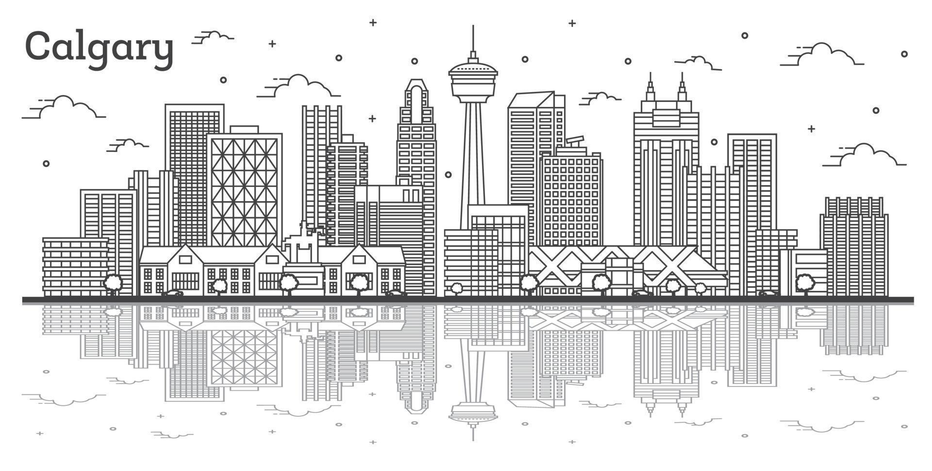 delinear el horizonte de la ciudad de calgary, canadá, con edificios modernos y reflejos aislados en blanco. vector