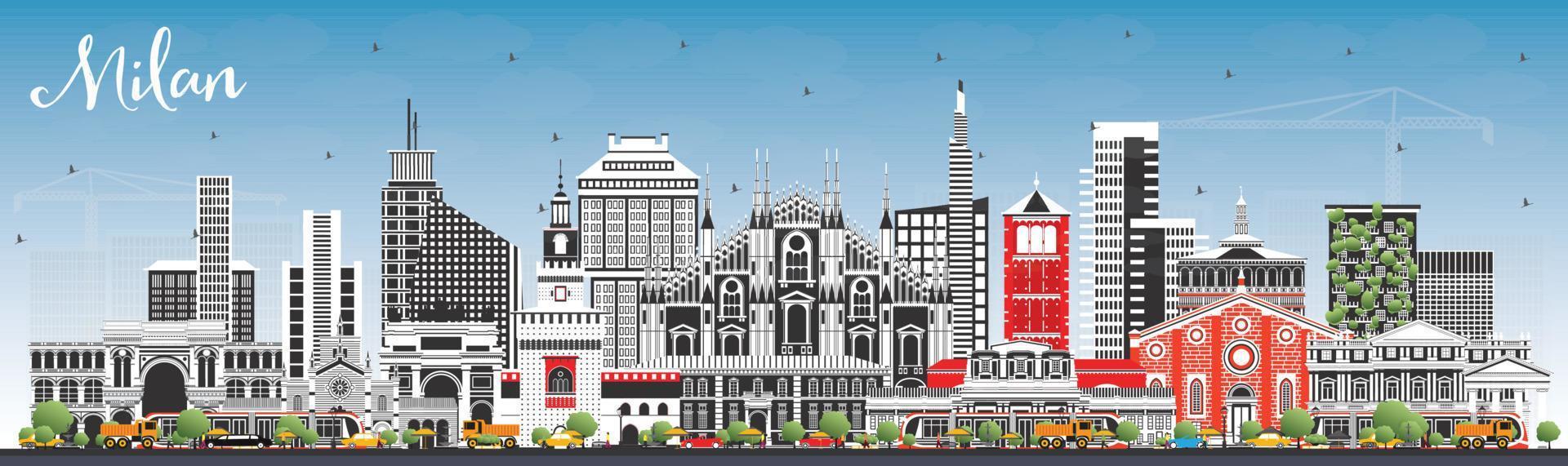 Milan Italy City Skyline with Color Buildings and Blue Sky. vector