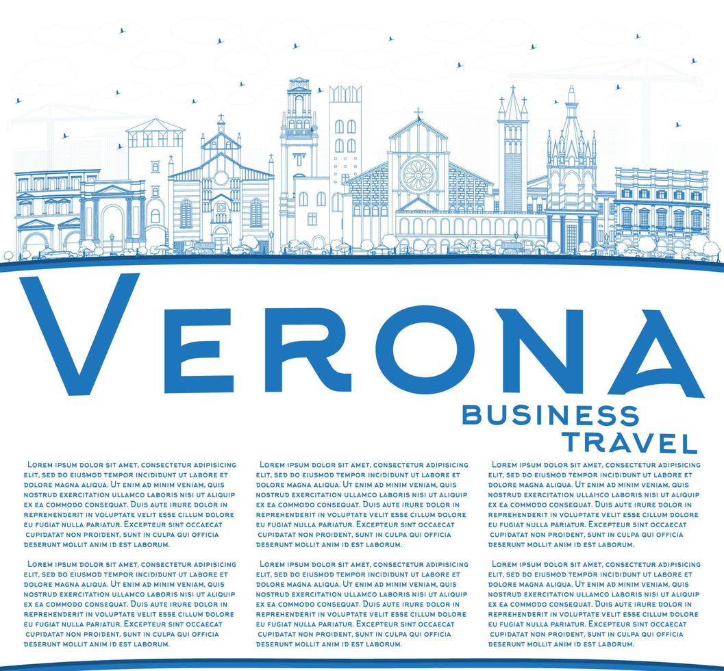 Outline Verona Italy City Skyline with Blue Buildings and Copy Space. vector