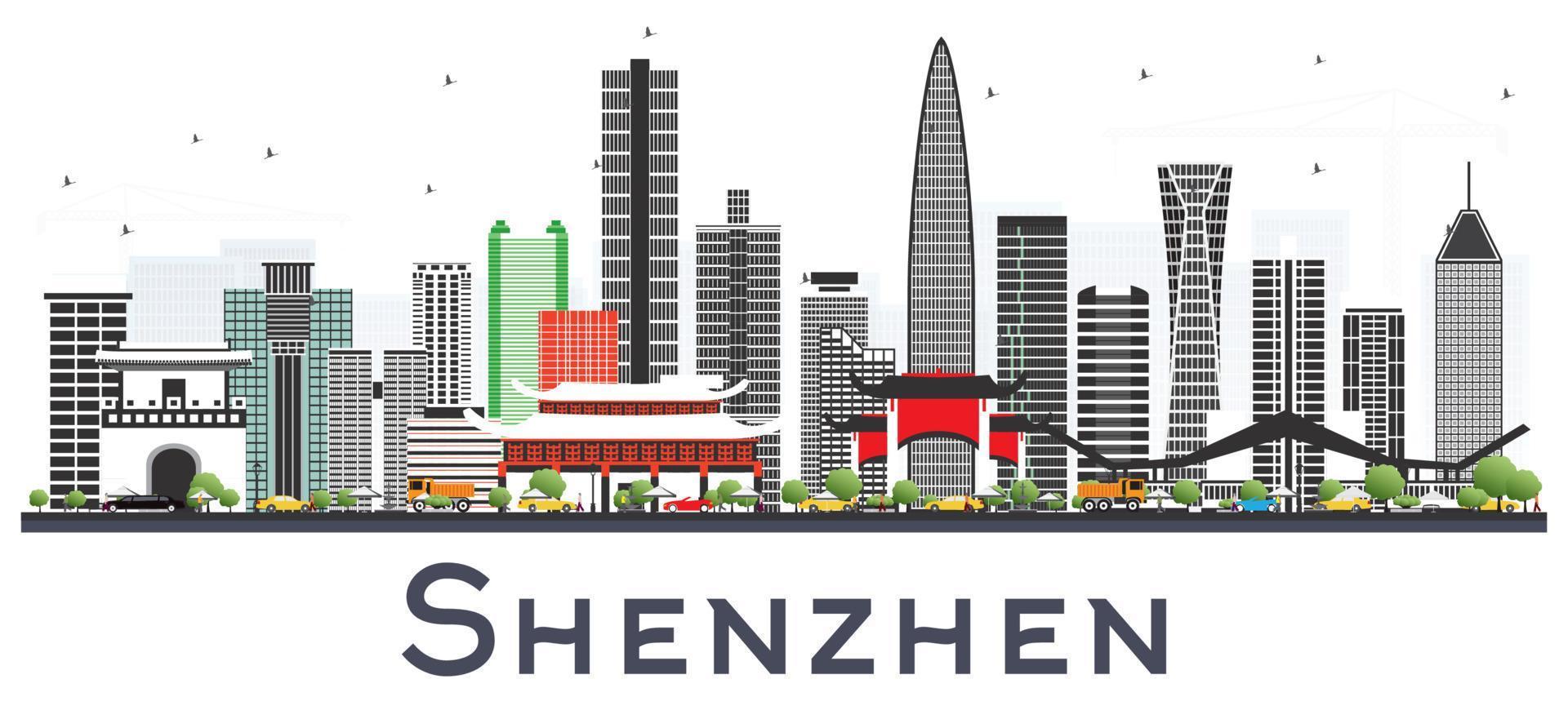 Shenzhen China City Skyline with Color Buildings Isolated on White. vector
