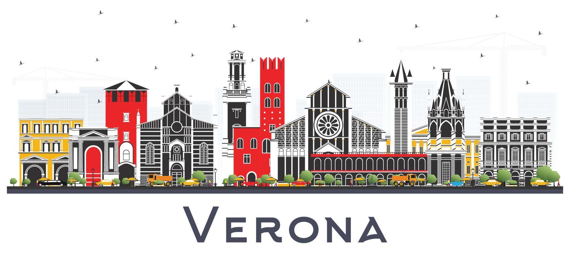horizonte de la ciudad de verona italia con edificios de color aislados en blanco. vector
