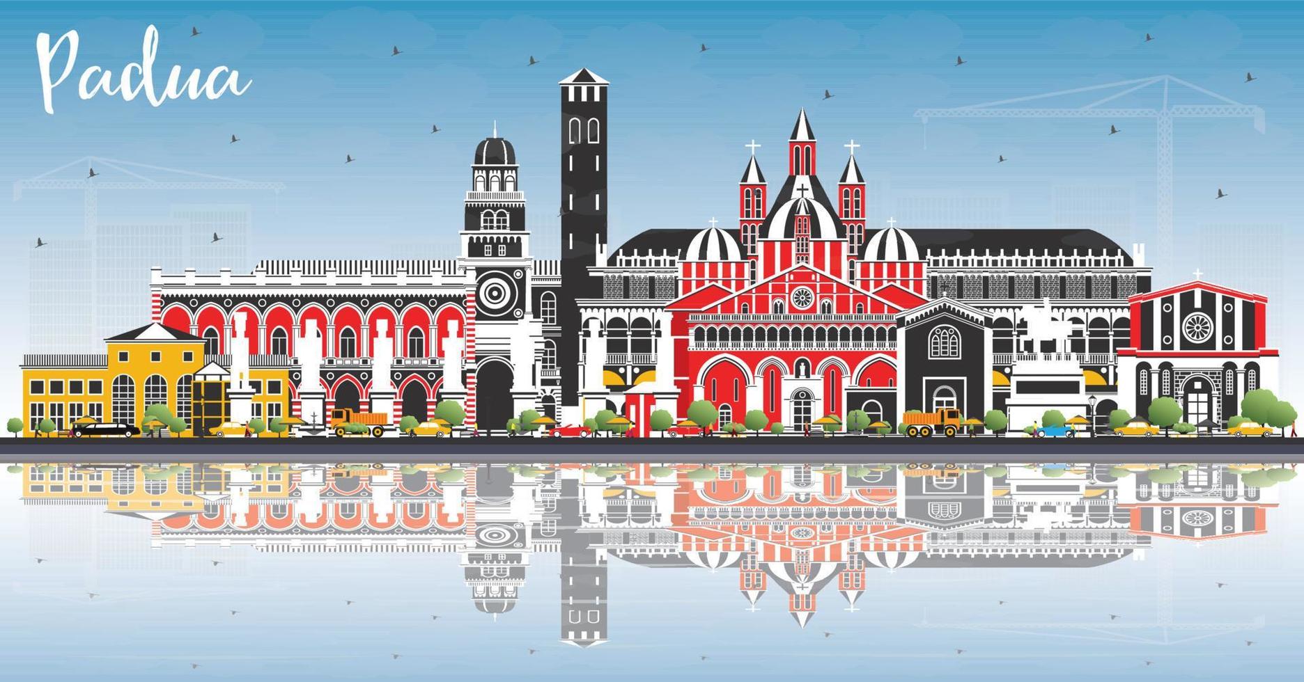 horizonte de la ciudad de padua italia con edificios de color, cielo azul y reflejos. vector