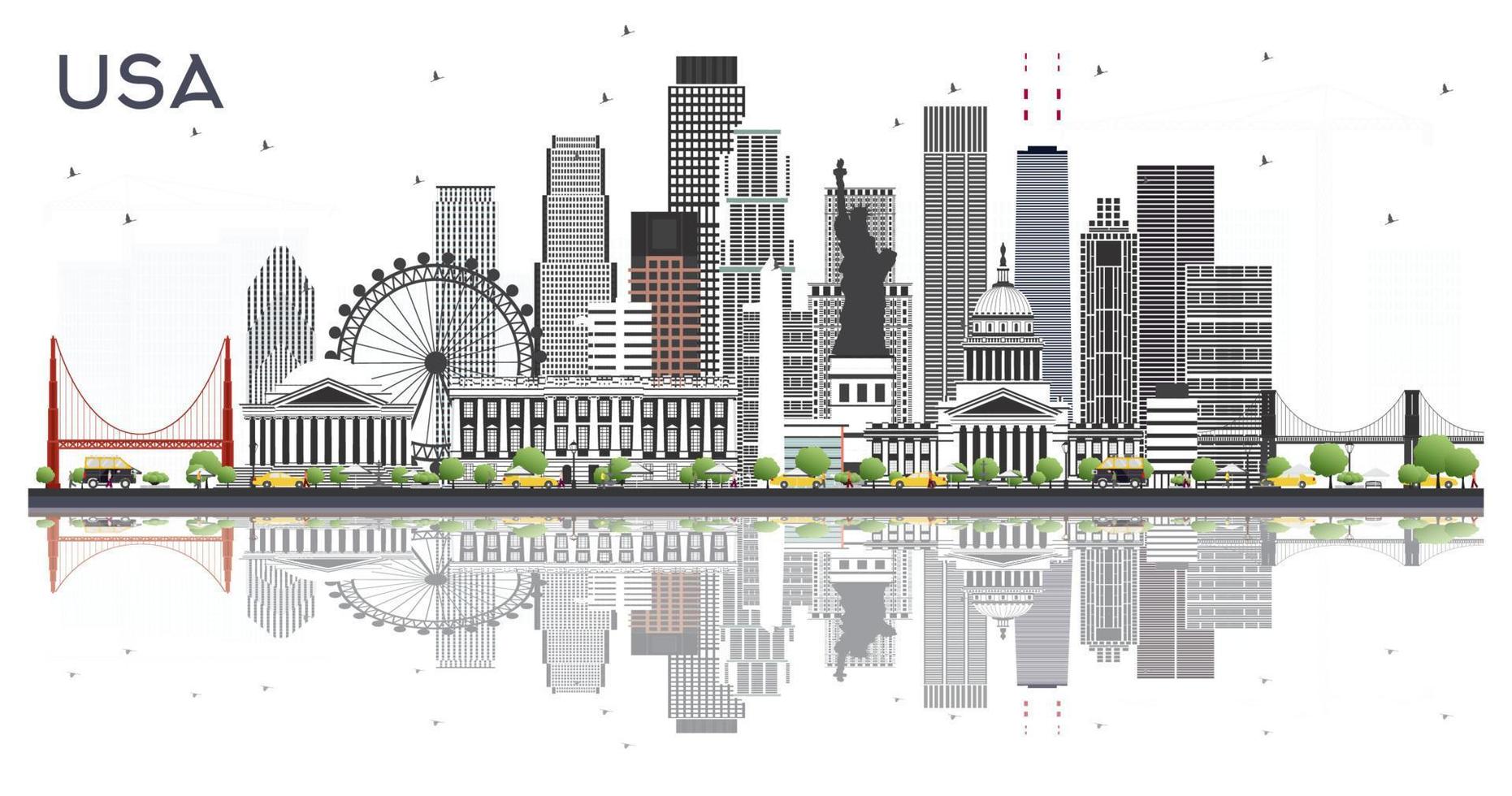 horizonte de la ciudad de estados unidos con edificios grises y reflejos aislados en blanco. vector