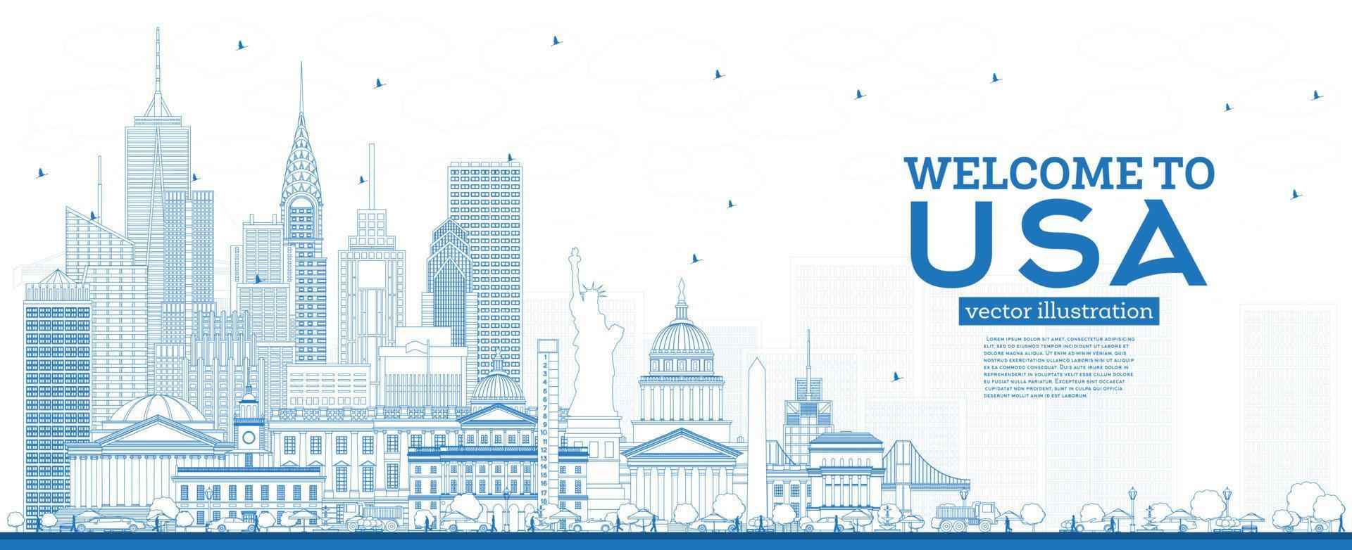 Outline Welcome to USA Skyline with Blue Buildings. Famous Landmarks in USA. vector