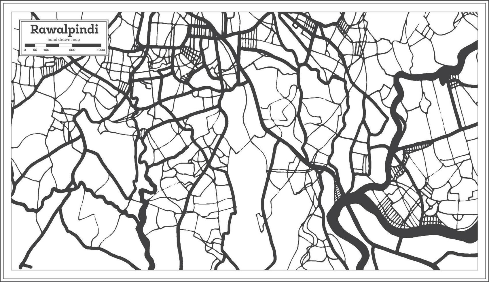 mapa de la ciudad de rawalpindi pakistán en estilo retro en color blanco y negro. esquema del mapa. vector