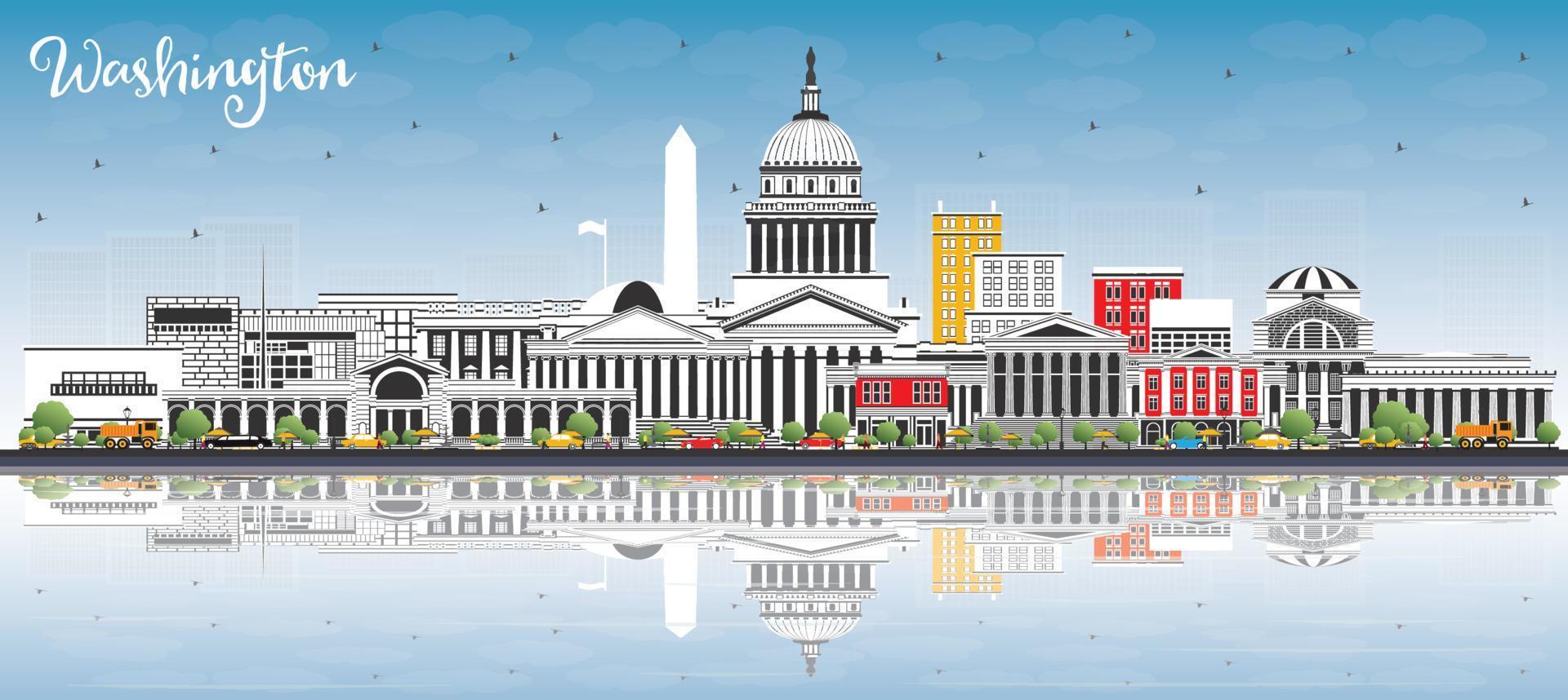 Washington DC USA City Skyline with Gray Buildings, Blue Sky and Reflections. vector