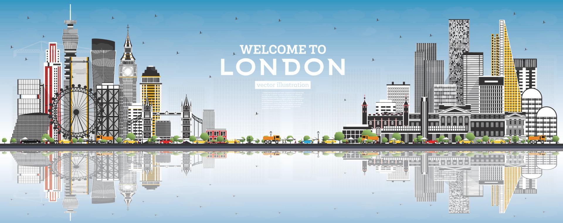 Welcome to London England Skyline with Gray Buildings, Blue Sky and Reflections. vector