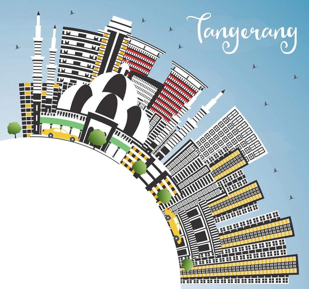 horizonte de la ciudad de tangerang indonesia con edificios grises, cielo azul y espacio para copiar. vector