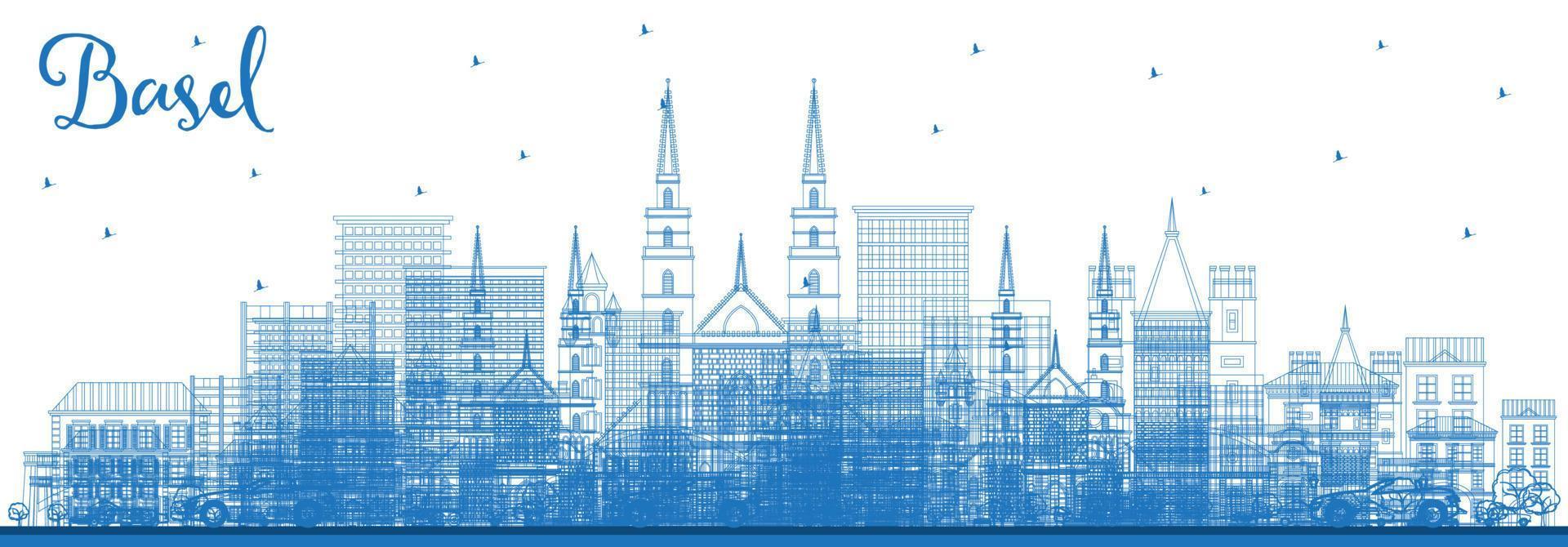 Outline Basel Switzerland City Skyline with Blue Buildings. vector