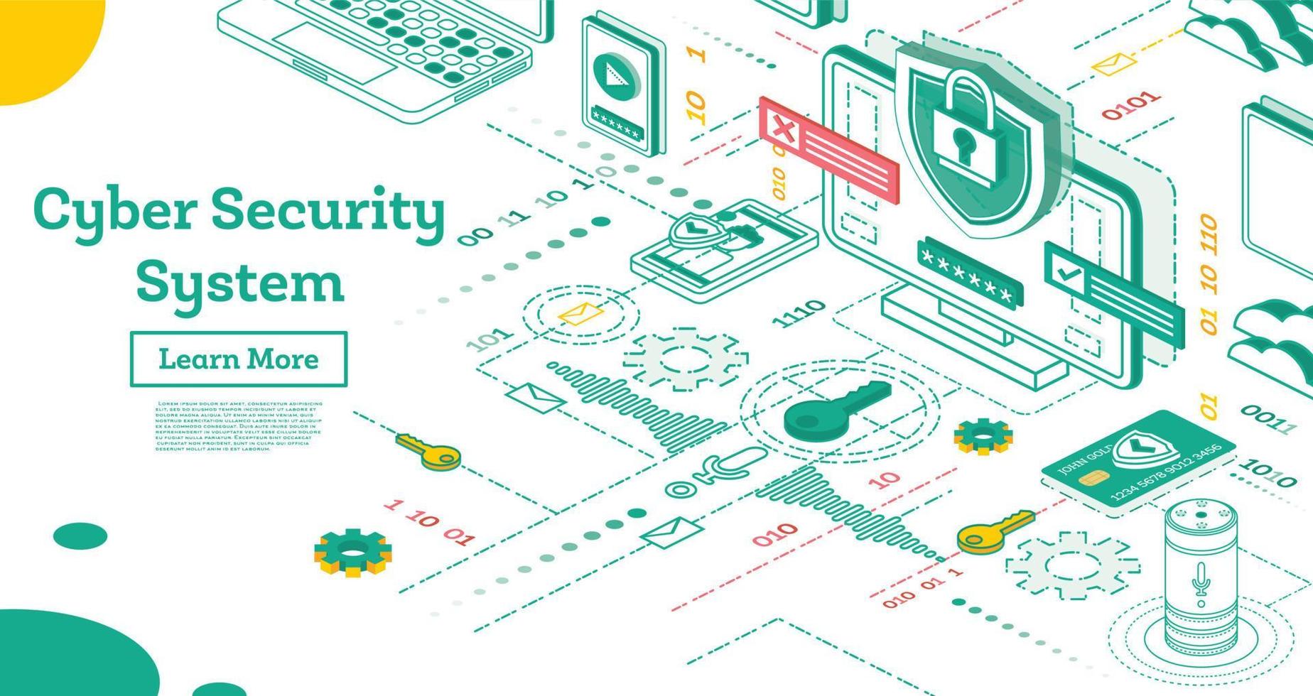 Outline Cyber Security Concept. Isometric Illustration Isolated on White. vector