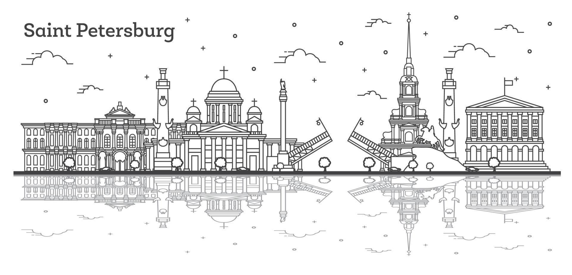 delinear el horizonte de la ciudad de san petersburgo, rusia, con edificios históricos y reflejos aislados en blanco. vector