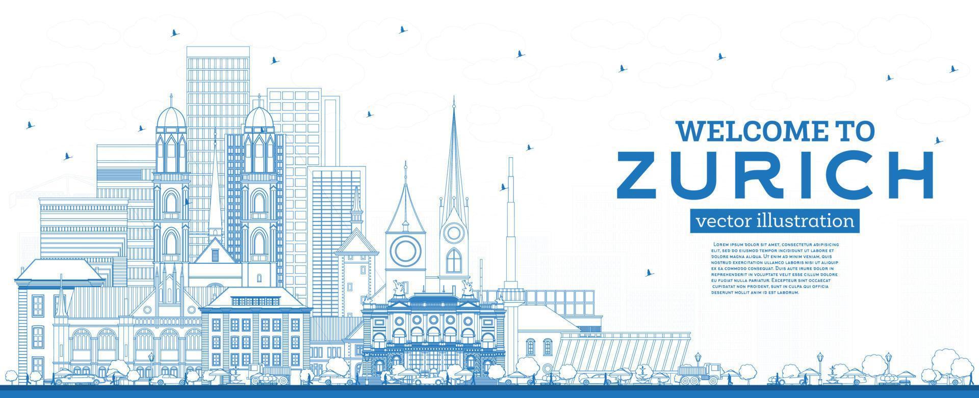 Outline Welcome to Zurich Switzerland Skyline with Blue Buildings. vector