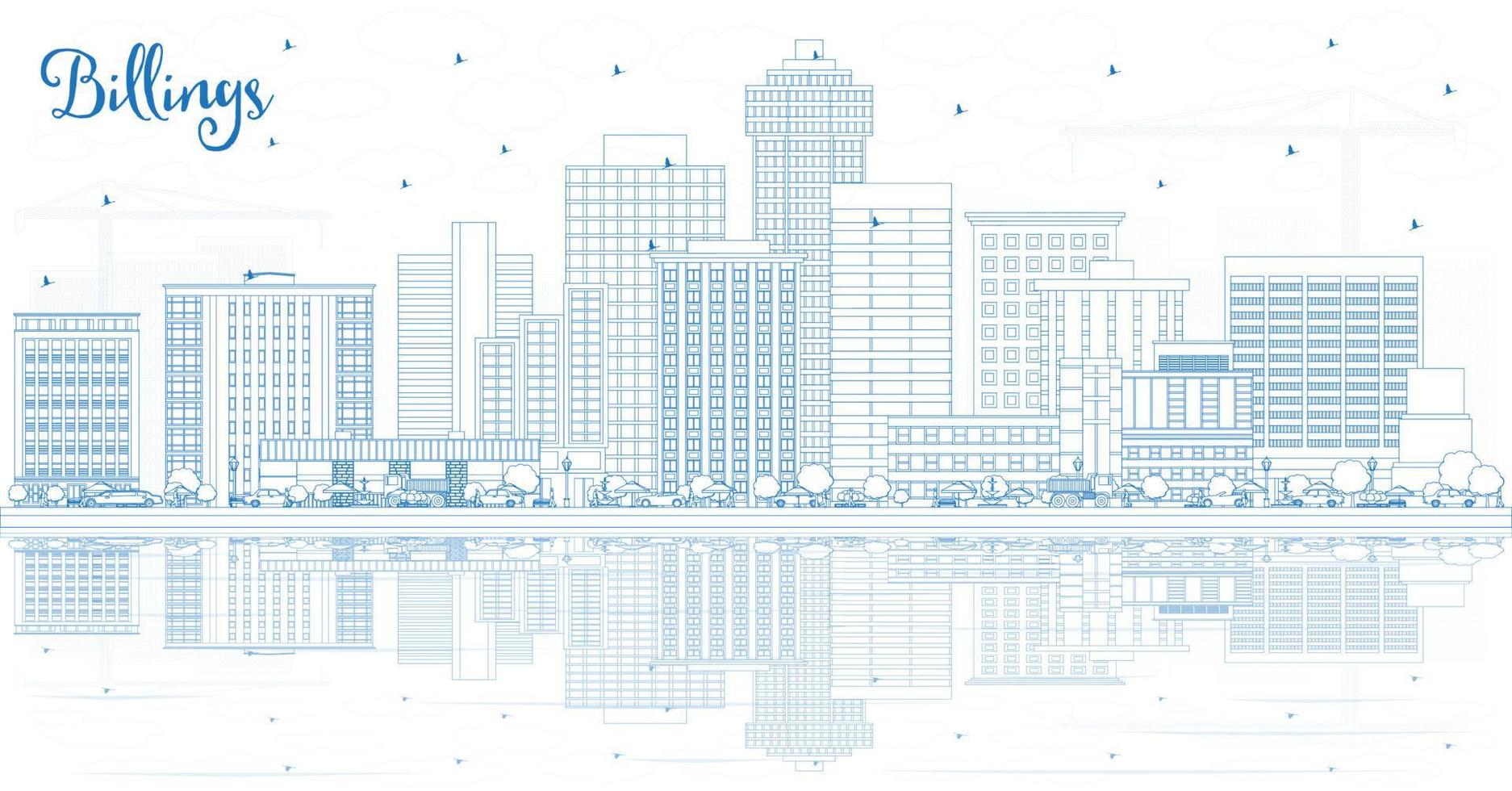 Outline Billings Montana City Skyline with Blue Buildings and Reflections. vector