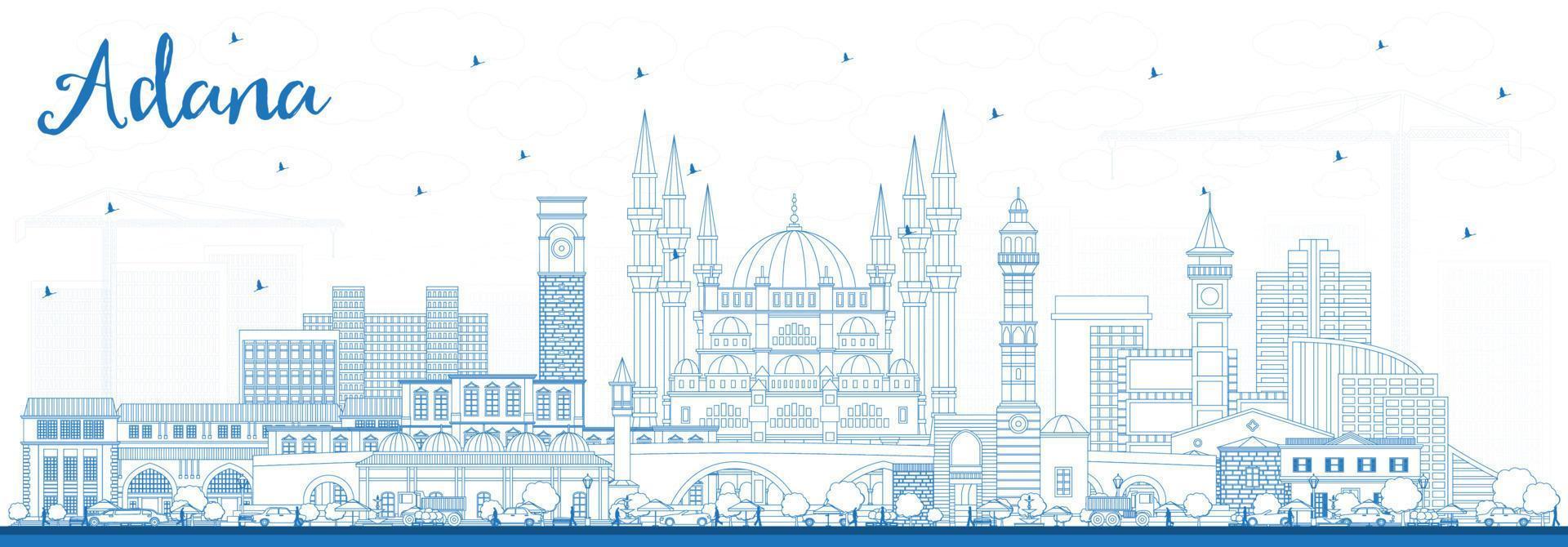 Outline Adana Turkey City Skyline with Blue Buildings. vector