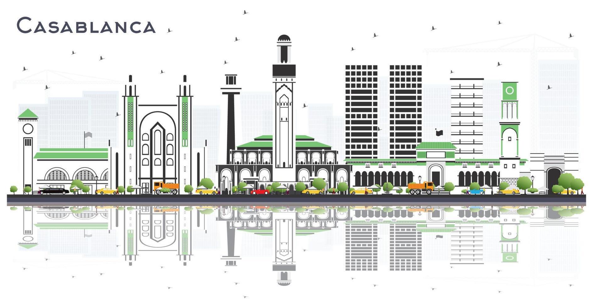 horizonte de la ciudad de casablanca marruecos con edificios grises y reflejos aislados en blanco. vector